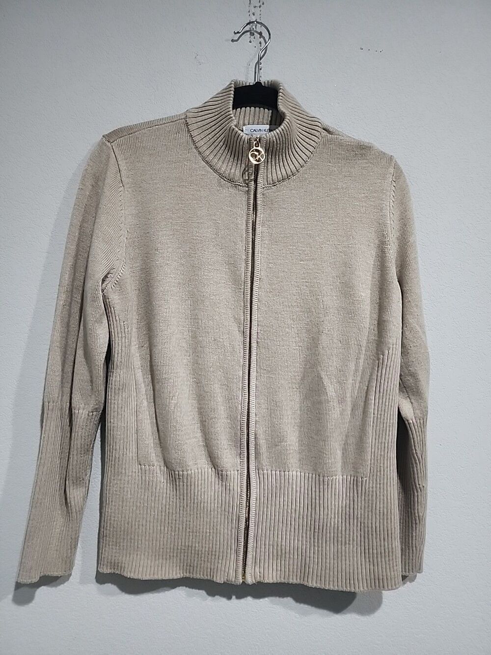 CALVIN KLEIN Womens Size Large Brown Sweater 1/4 Zip Mock Neck Pullover Ribbed